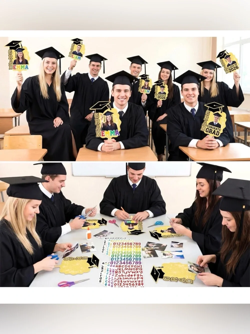 12 Pcs Graduation DIY Paper Fans Handheld Set Grad Face Fans w/ Number Alphabet